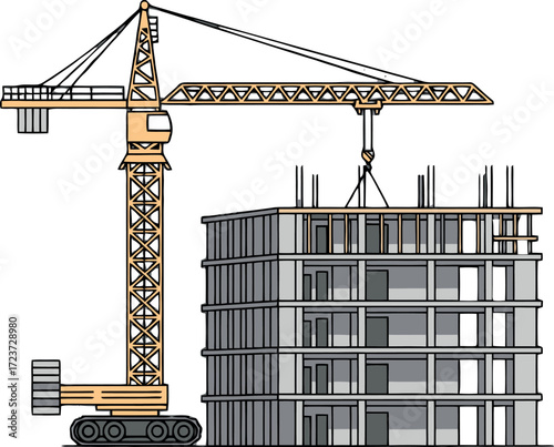 A detailed vector illustration of a tower crane constructing a multi-story apartment block on a modern building site