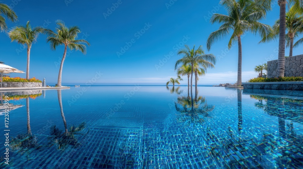 Fototapeta premium Pool mirrors sunny sky palms