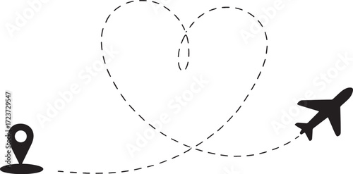 Airplane flying in a heart shaped dotted line path with location pin flight travel