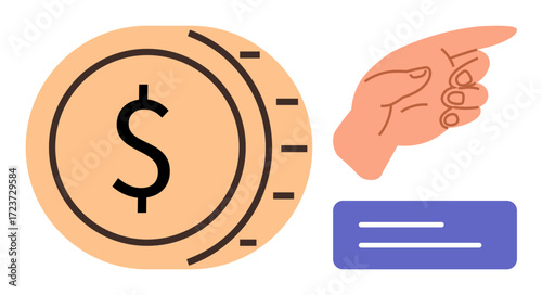 Coin with dollar mark, pointing hand, and text block convey ideas thumbs up financial choice, guidance, business direction. Ideal for money management, advice, strategy, commerce navigation focus