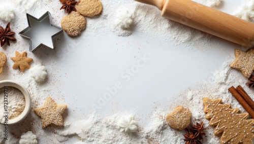Fototapeta Naklejka Na Ścianę i Meble -  Holiday baking background with cookies flour spices and a rolling pin.