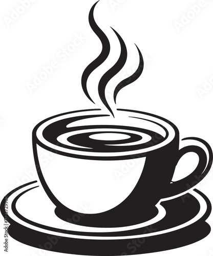 Black and white steaming cup of coffee on saucer Keywords: coffee, cup, mug, hot, drink, beverage
