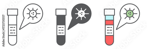 Test tube line icon, blood and coronavirus, test tube with covid-19 sign, vector graphics, a linear icon on a white background, eps 10.