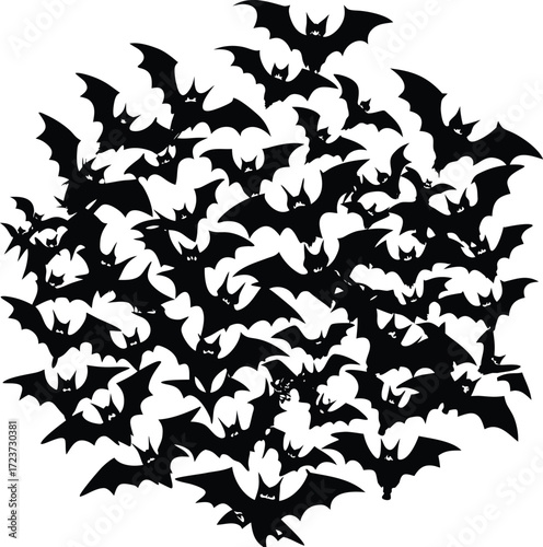 Halloween silhouettes black icon and character vector art of a dense swarm of bats in black silhouette against a, creating a spooky and eerie halloween atmosphere, perfect for themed designs