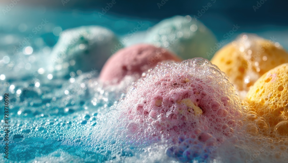 Fototapeta premium Colorful bath bombs submerged in sudsy water
