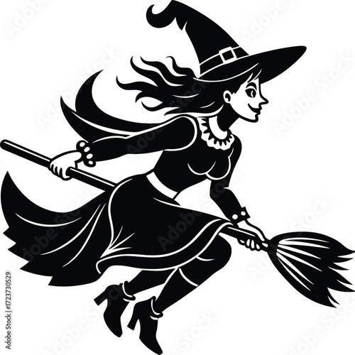 Halloween silhouettes black icon and character vector art of a cartoon witch flying on a broomstick, , dressed in a classic witch hat and dress, ready for a night of halloween magic and enchantment