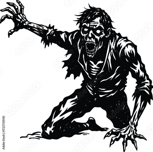 Halloween silhouettes black icon and character vector art of a terrifying zombie crawling forward, , with decaying flesh and menacing eyes, embodying the horror and dread of the undead apocalypse