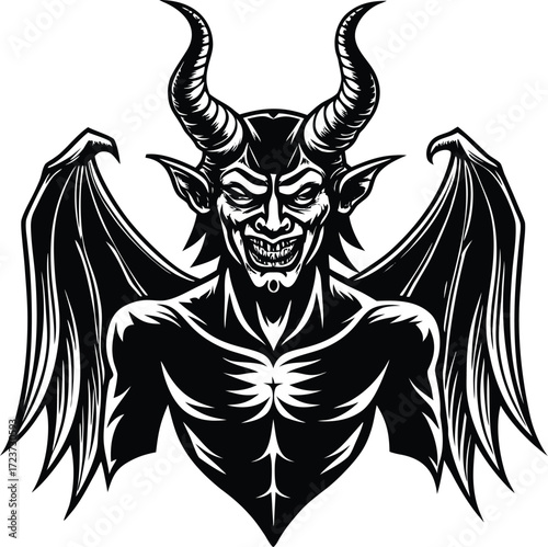 Halloween silhouettes black icon and character illustration of a menacing devil with horns and wings, , embodying the essence of evil and darkness in a gothic and fantastical style