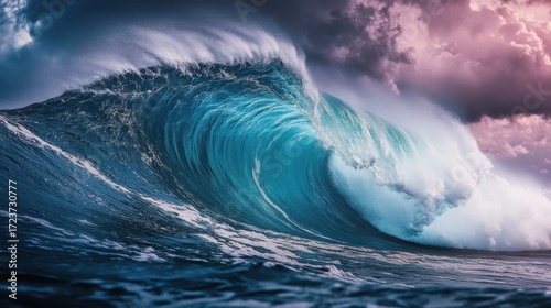 Powerful and dramatic ocean wave crashing with spray and foam under a stormy, colorful sky