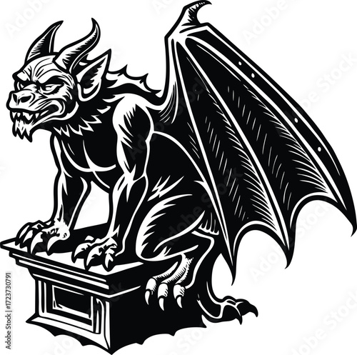 Halloween silhouettes black icon and character vector art of gargoyle perched on a pedestal, a gothic sculpture with wings and horns, symbolizing protection and warding off evil spirits