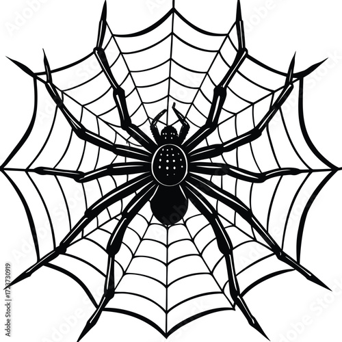 Halloween silhouettes black icon and character vector art of a detailed spider web with a spider in the center, , creating a spooky and intricate halloween design element for decorations and graphics