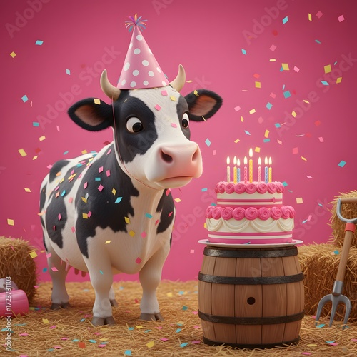 A Cheerful Birthday Cow Celebrates with Cake and Confetti on a Farm