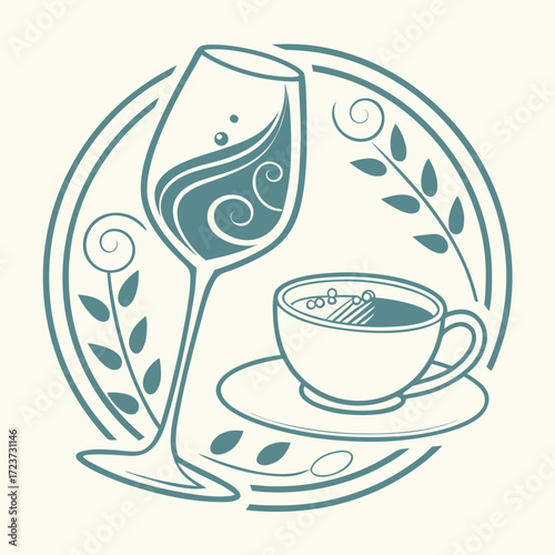 Stylized illustration of a wine glass and coffee cup