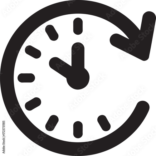 Black clock icon with tick marks and arrow showing time progression symbol circular