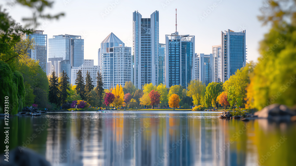 Naklejka premium A serene view of a city skyline reflected on a calm lake surrounded by autumn trees, showcasing nature and urban harmony.