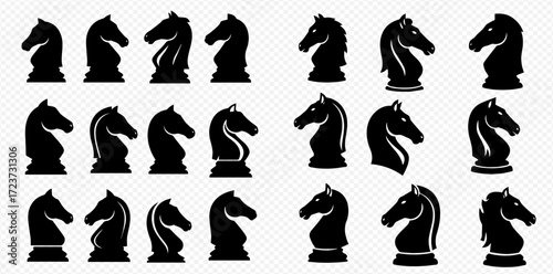 An array of black chess knight pieces in various stylized designs, arranged in rows on a transparent background.