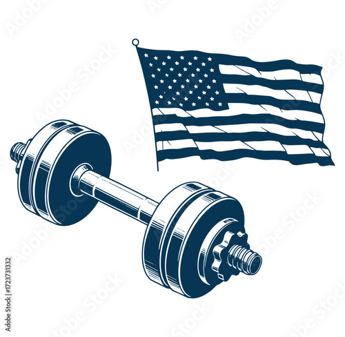 American flag with dumbbell representing strength fitness and patriotism vector illustration