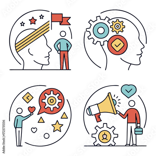 Soft skills concept with gear, megaphone, heart, flag, stars