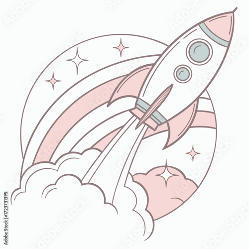 Rocket launching with rainbow, space travel concept