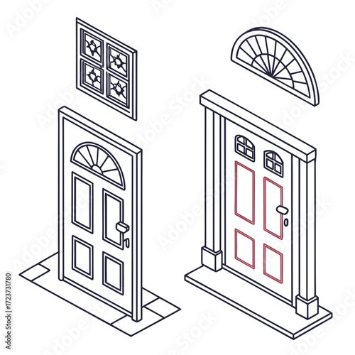 Isometric line art of two doors with decorative elements on