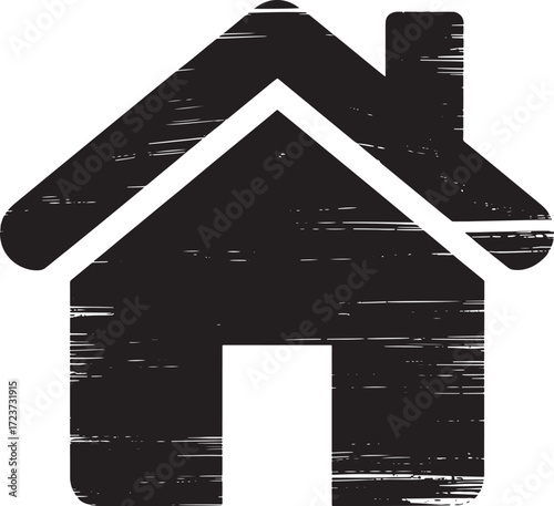 Black distressed house icon with chimney on white background Keywords: house, home, building, icon