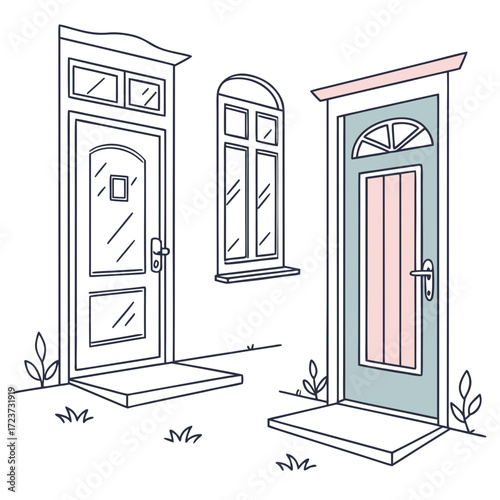 Illustration of two doors and a window