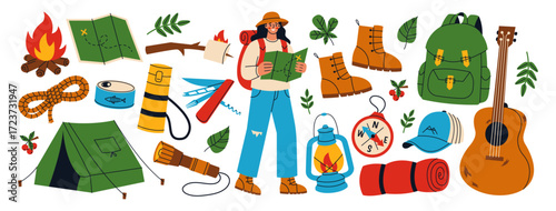 Set of hiking and camping elements. A woman holding a map. Wildlife recreation and survival concept.