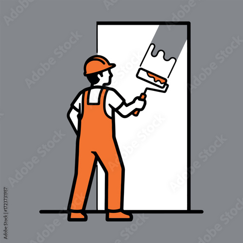 Professional painter in uniform with a hard hat painting a wall using a roller. Vector icon for construction or home renovation services