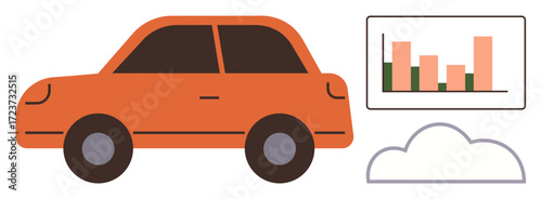 Orange car beside bar graph and cloud shape merging transportation and analytics concepts. Ideal for transportation, innovation, car sharing, sustainability, technology, urban planning, simple flat