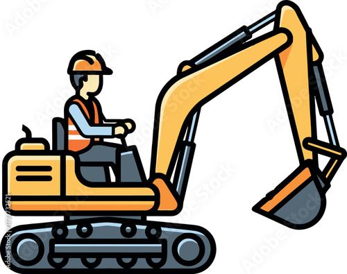 Vector illustration of a construction worker in a hard hat and safety vest operating a yellow mini crawler excavator for digging work