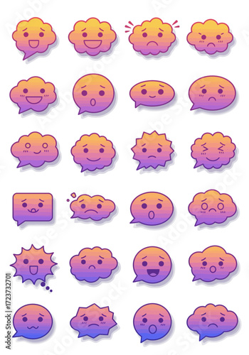 Pixel art speech bubbles with gradient faces showing various emotions