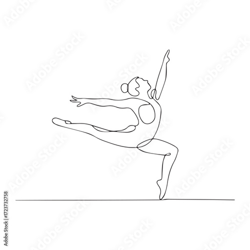 Continuous Simple black line art drawing of a Gymnast dancer in a minimalist style on a white background.