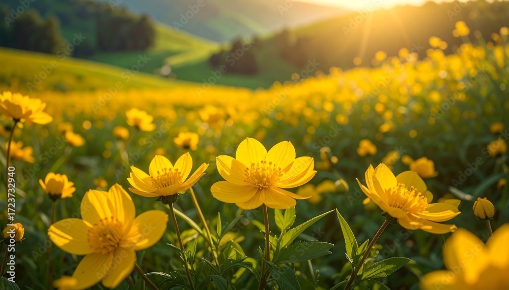 Fototapeta premium A vibrant field of yellow flowers under a warm sunset