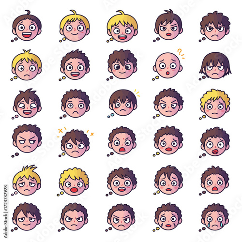 35 cartoon faces with different emotions in rows and columns