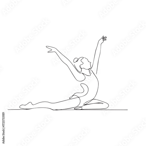 Continuous Simple black line art drawing of a Gymnast dancer in a minimalist style on a white background.