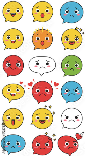 A grid of 16 cartoon speech bubble emojis expressing various emotions