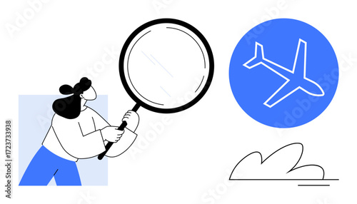 Woman holding magnifying glass near airplane icon, highlighting travel exploration, vacation planning, and discovery. Ideal for journey, research, booking, tourism, adventure exploration simple