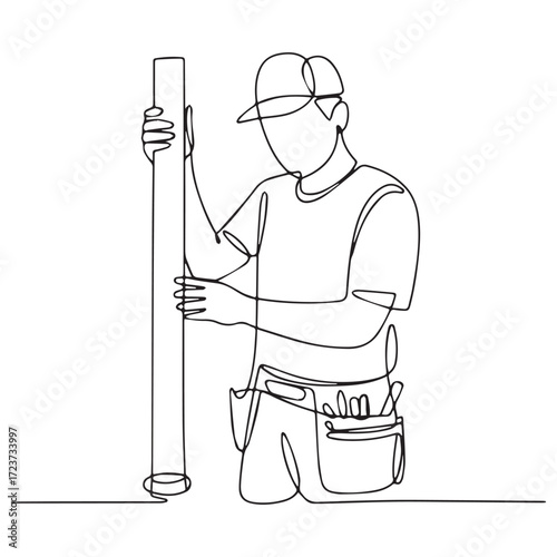 Continuous Simple black line art drawing of a worker in a minimalist style on a white background.
