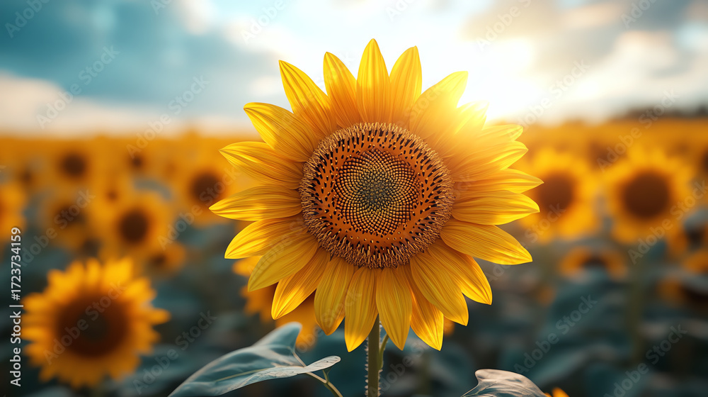 Obraz premium A vibrant sunflower stands tall against a backdrop of a blooming field, radiating warmth and beauty under the golden sunlight.