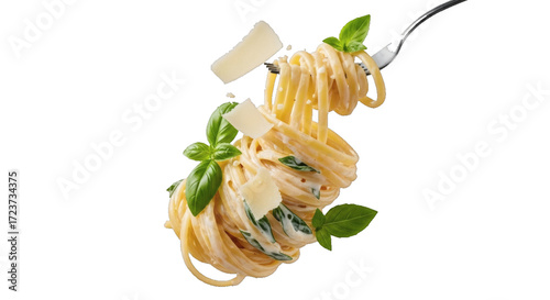 Creamy spaghetti twirled on a fork with fresh basil and parmesan cheese, a delicious and quick meal ready to eat