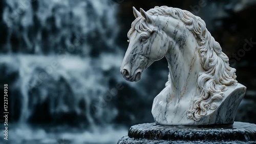A detailed close-up of a marble horse's head sculpture, set against a blurred backdrop of a waterfall.  