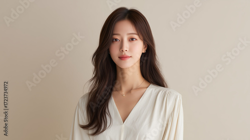 Portrait of a beautiful asian woman with flowing brown hair