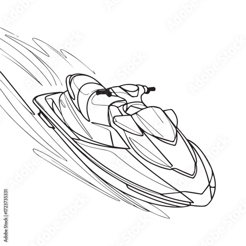 Continuous Simple black line art drawing of a jet ski in a minimalist style on a white background.