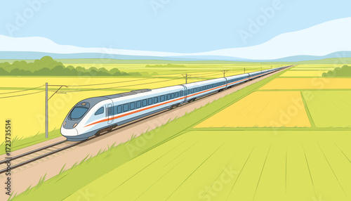 High-speed train traveling through the countryside