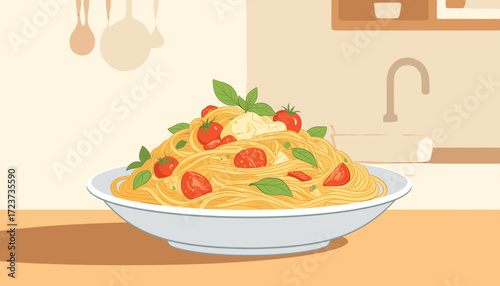 Italian pasta with cherry tomatoes, basil and parmesan cheese