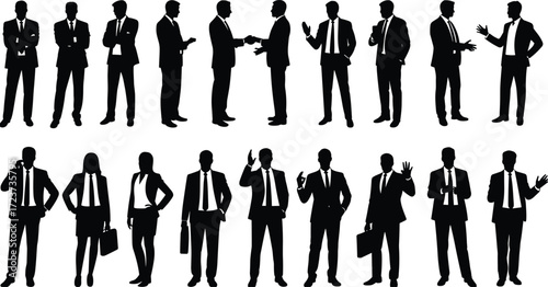 Business people silhouettes in suits, professional team collaboration, corporate communication, office workers, leadership, partnership, teamwork, executives, managers, entrepreneurs