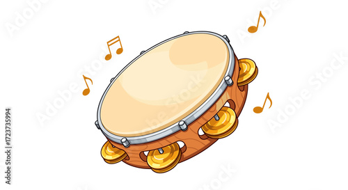 Cartoon Tambourine Musical Illustration with Golden Cymbals and Floating Notes