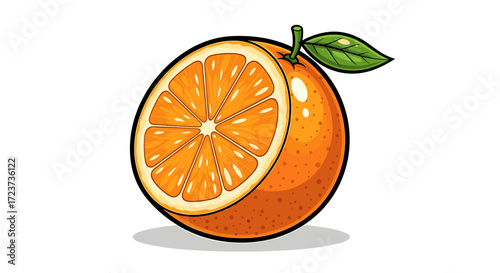 Juicy halved orange with leaf, citrus fruit illustration on white
