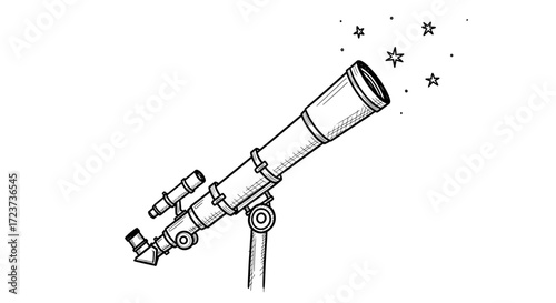 Hand Drawn Telescope Aiming at Stars in White Space