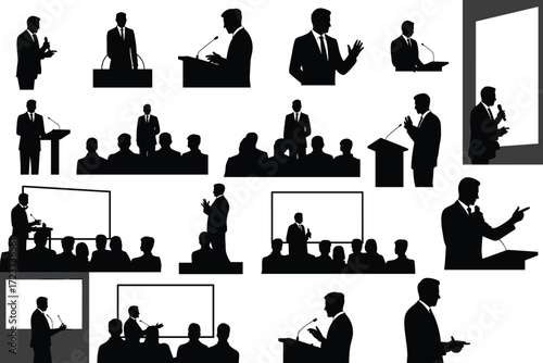 Businessman giving presentation silhouette set, corporate speaker at podium with microphone, conference meeting and public speaking vector illustration design